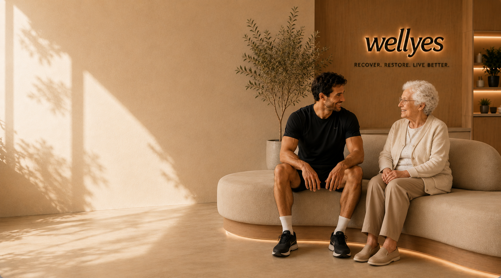 A young man and older woman chatting in the warm, sunlit Wellyes clinic waiting area beneath a backlit Wellyes sign