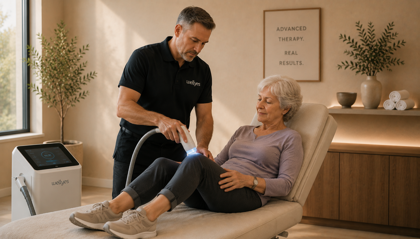 Clinician performing a Wellyes therapy treatment on a relaxed patient in a calming, sunlit treatment room